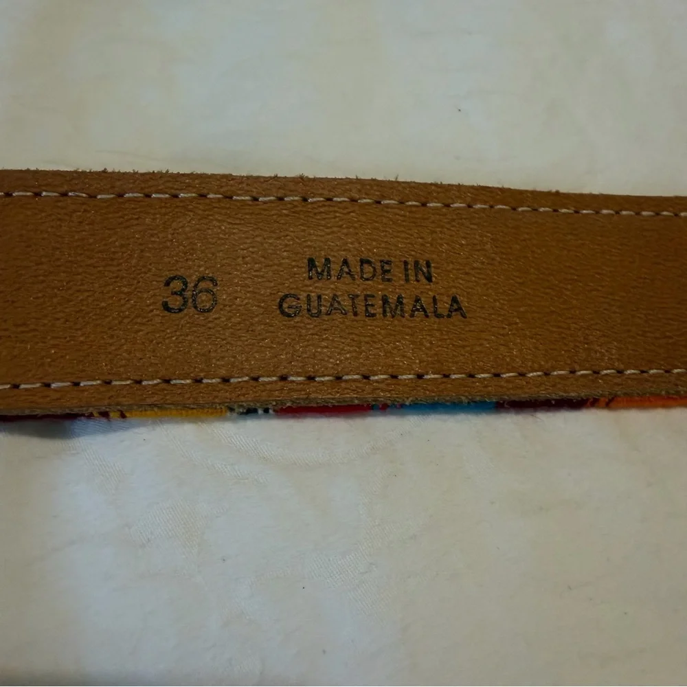 Multi colored BOHO leather trim western Serape style women belt SZ 36 large